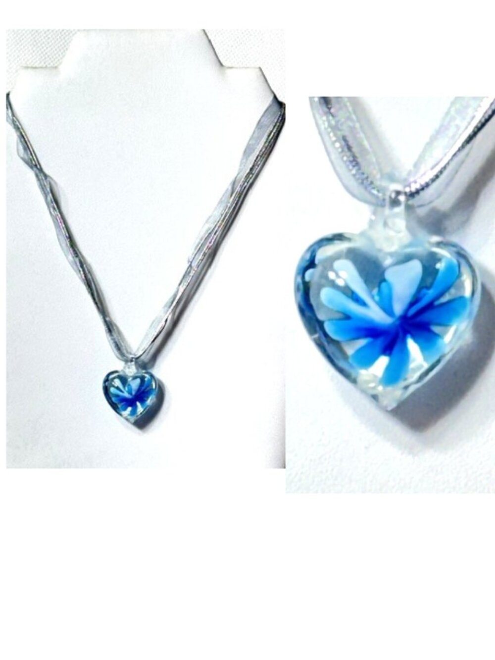 Blue floral heart lampwork pendant necklace.